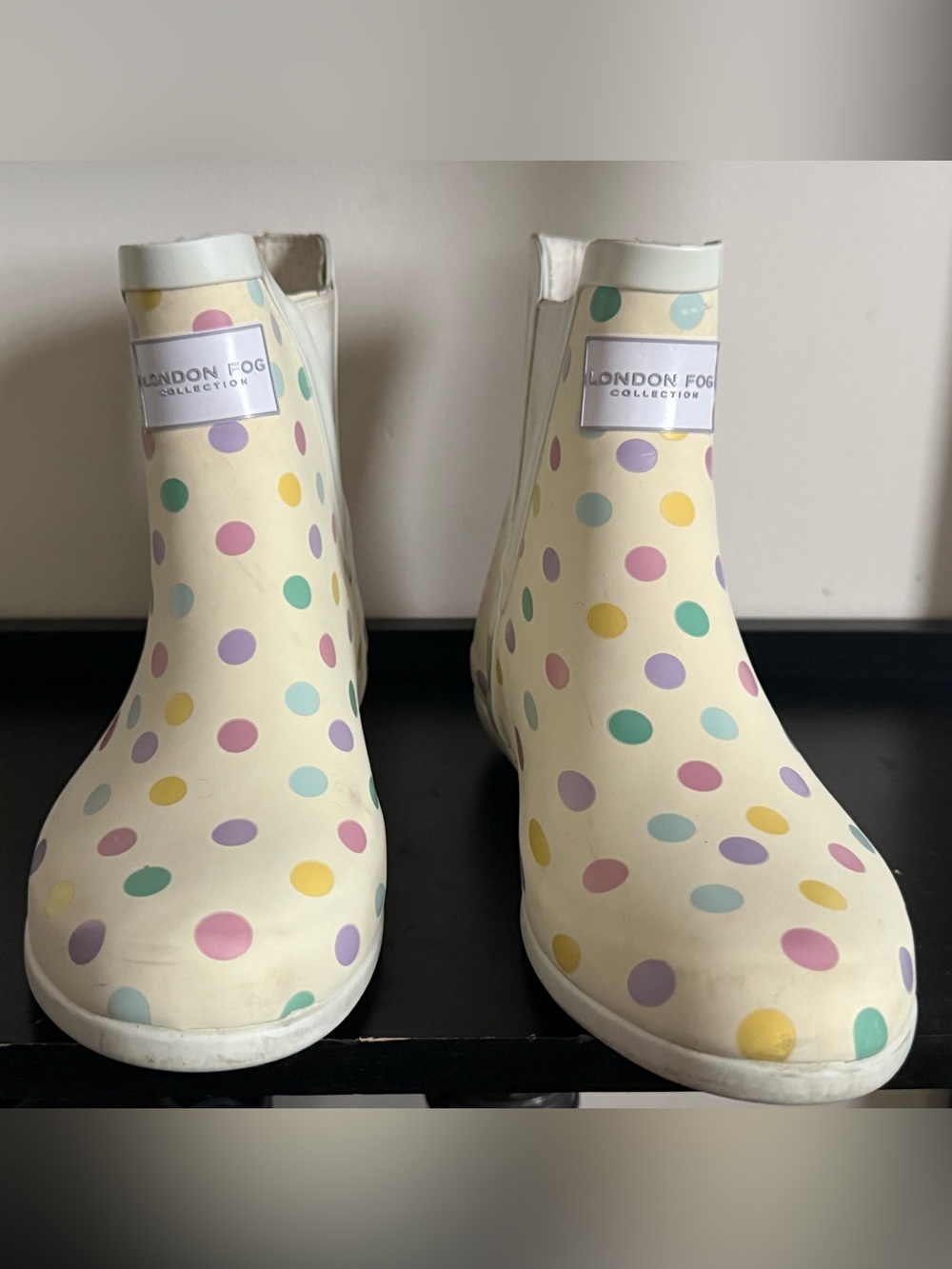 London Fog Cream Ankle Rain Booties with Pastel Polka Dots